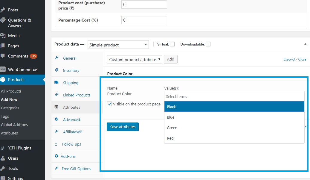 Add attributes to products