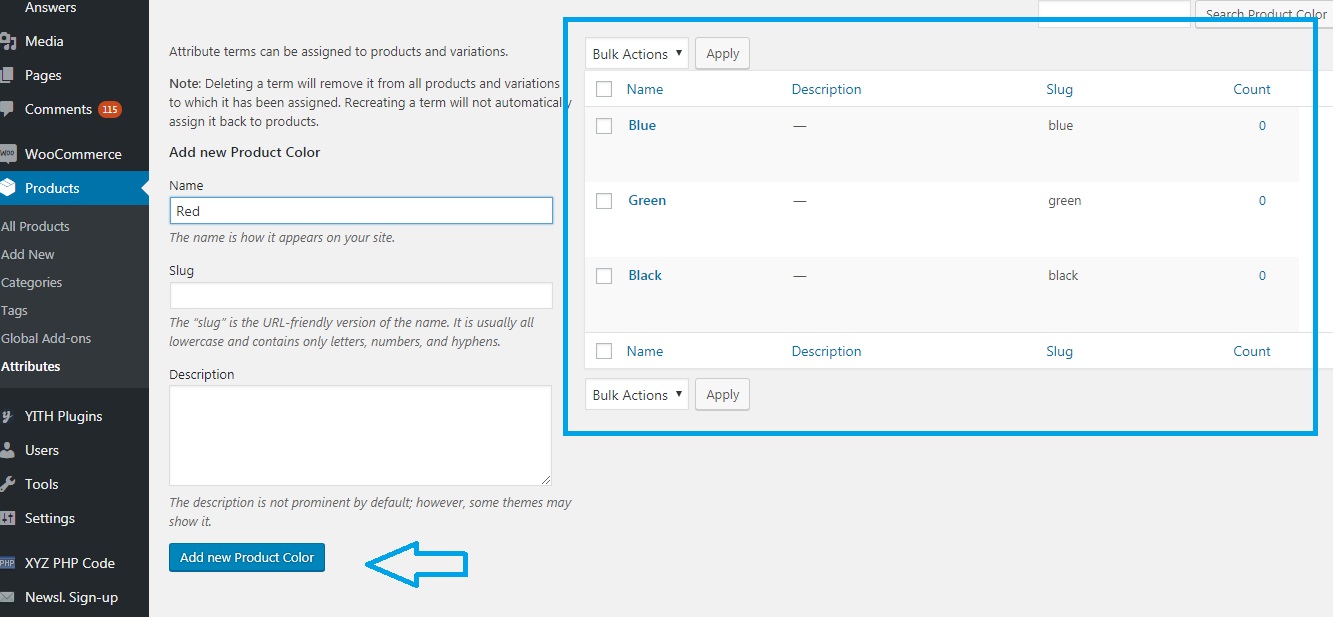 Adding attribute terms
