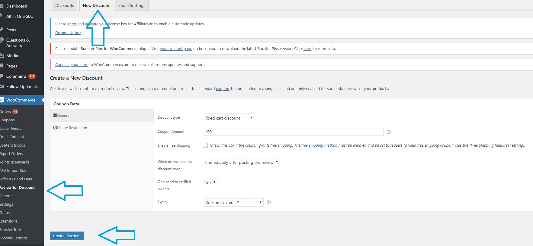 Creating a discount coupon for review