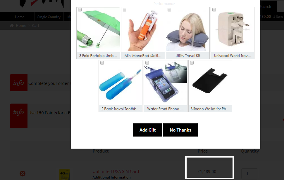 Display gifts on the cart page