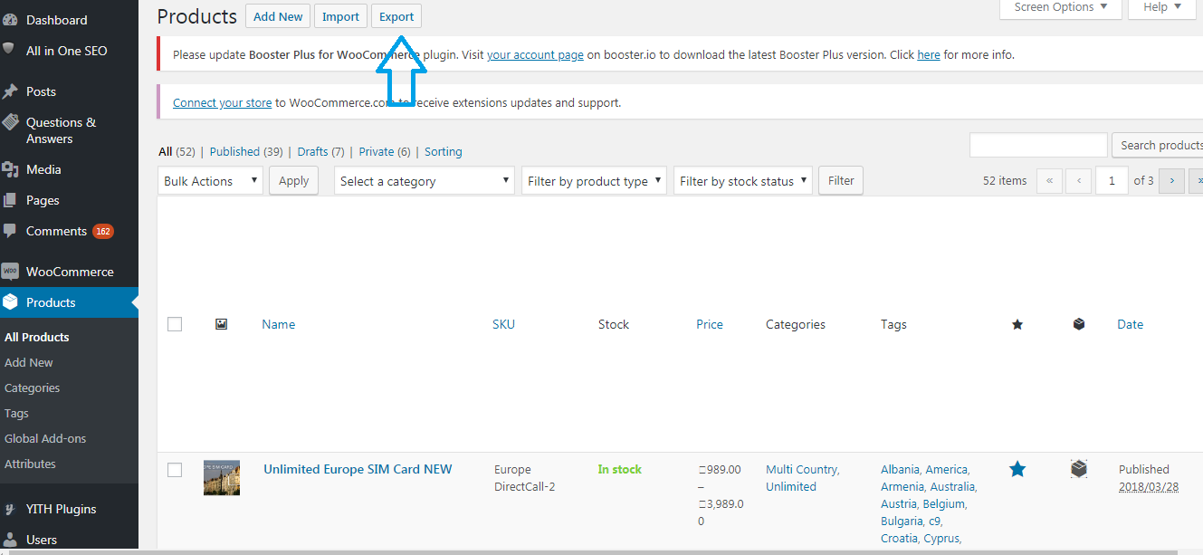 Export products to a CSV file