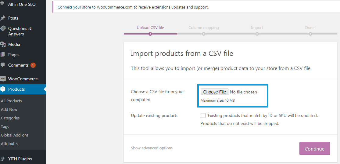 Importing products using a CSV file