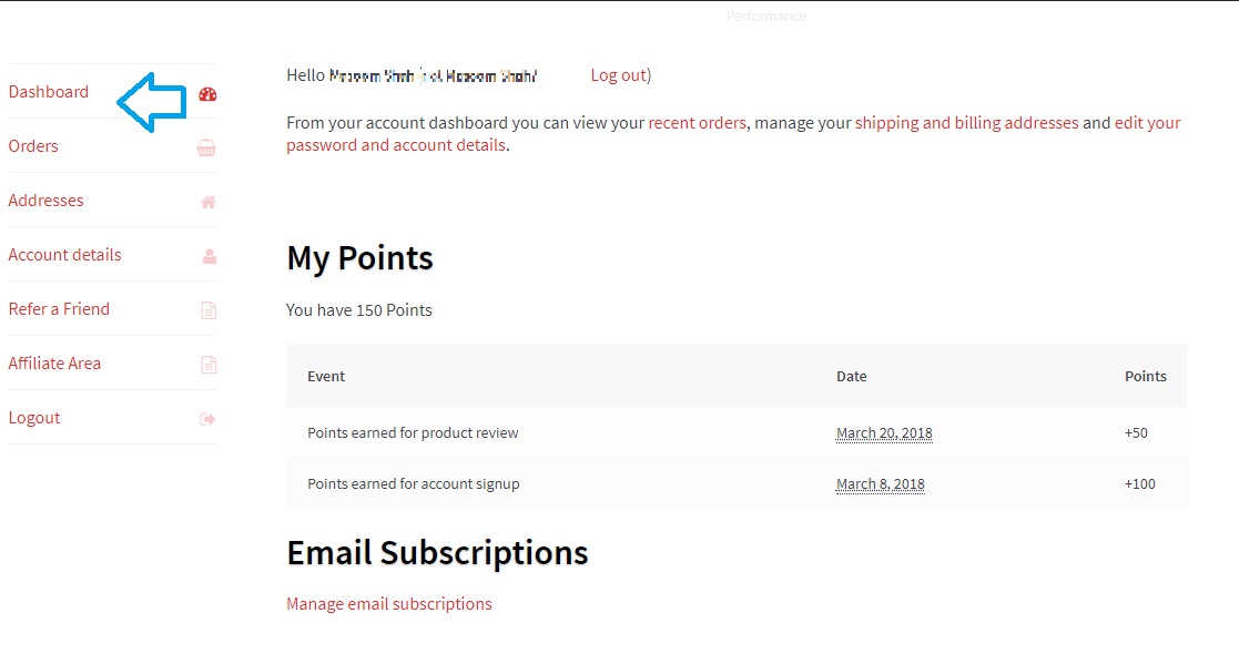 Points in My account page