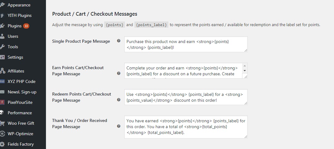Points messages on the frontend