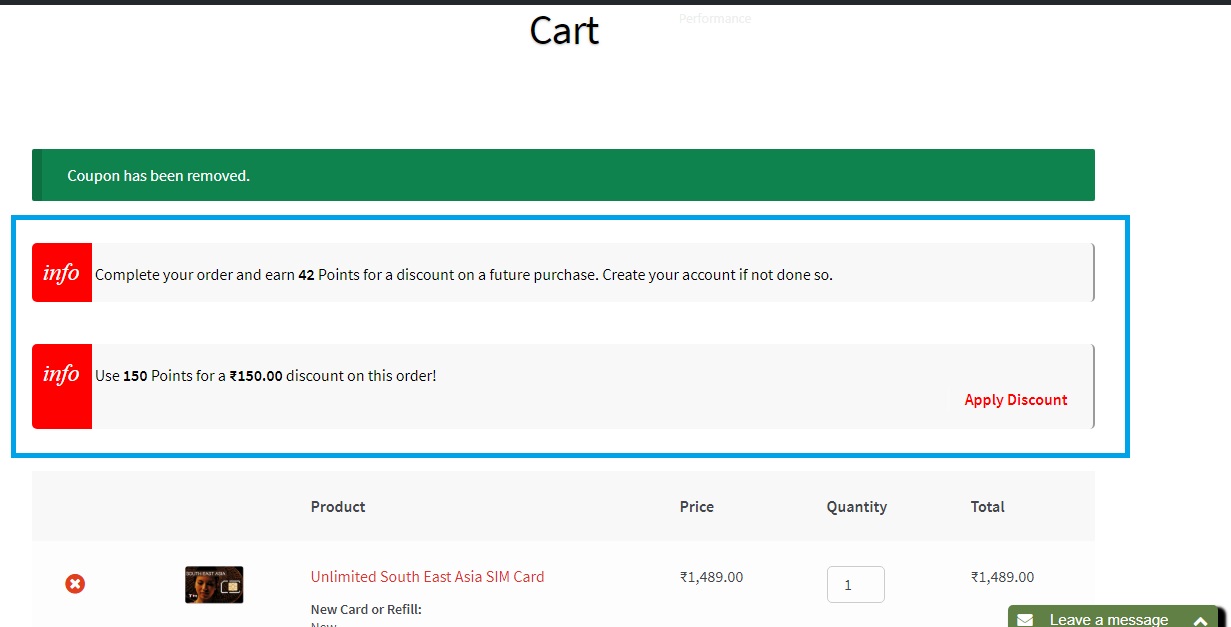 Points on the cart page