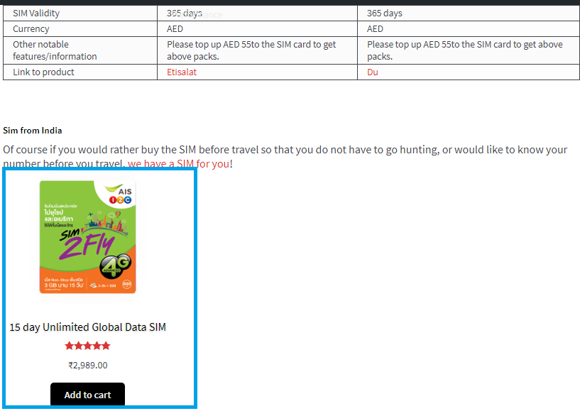 Product added to a blog post using a shortcode