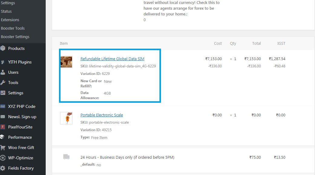 Reporting variations in orders page