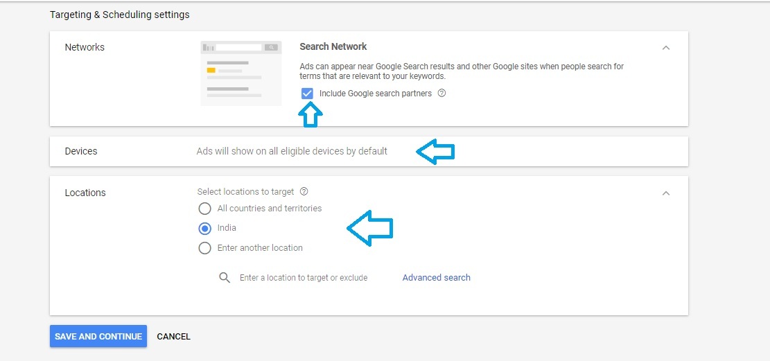 Targeting settings in Adwords