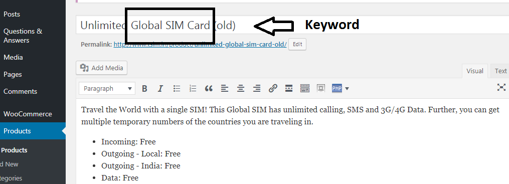 Product name with keyword